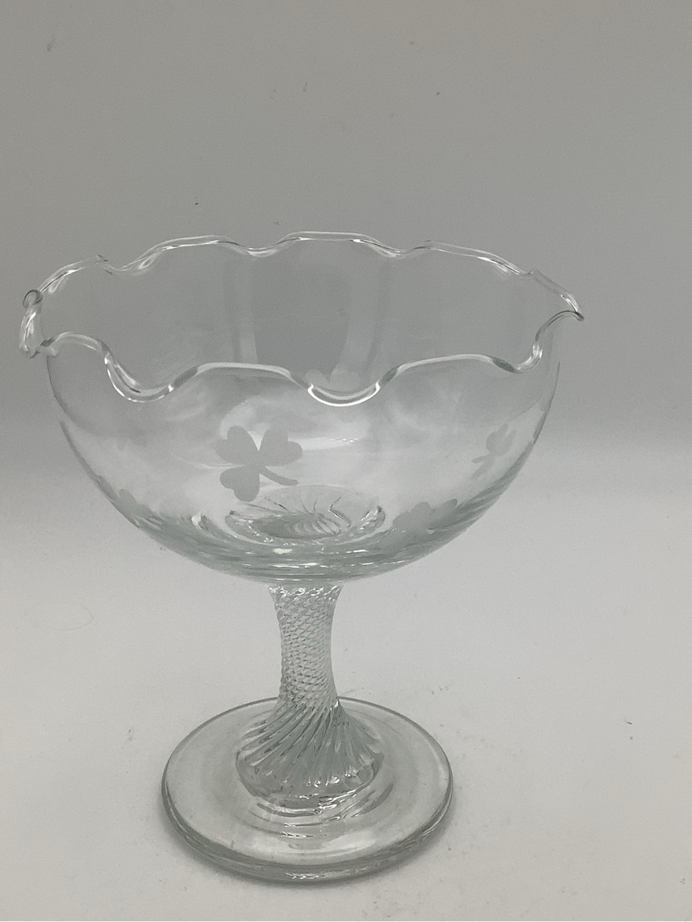 Vintage Shamrock Etched Glass Pedestal Bowl with Ruffled Rim